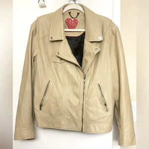 LOVE YOUR BODY Genuine Lamb Leather Moto Biker Tan Beige Jacket Size 2